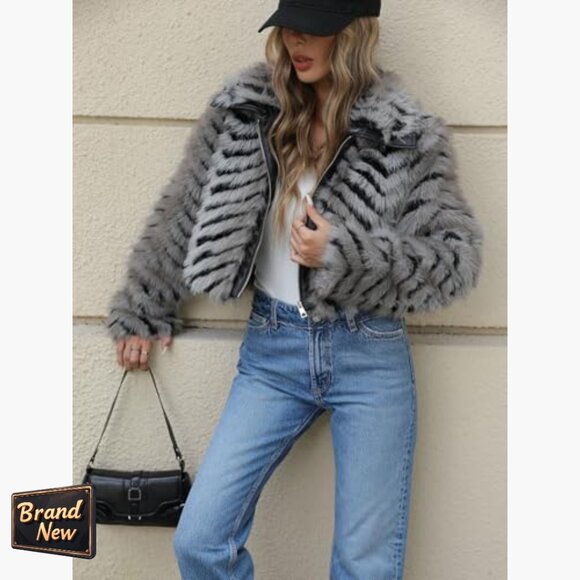 Faux Fur Leather Jacket Cropped Fleece Coat Warm Fluffy Zip Outerwear - Picture 2 of 7